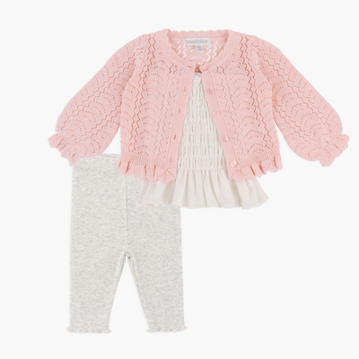 little girls pink sweater and pants front view