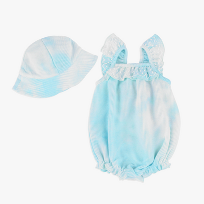 little girls blue swim dress and hat front view