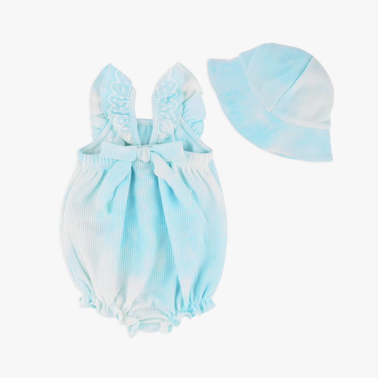 little girls blue swim dress and hat back view
