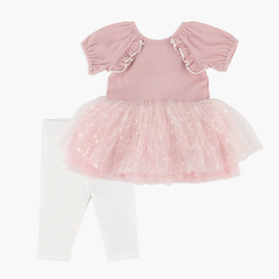 pink baby dress with white pants front view