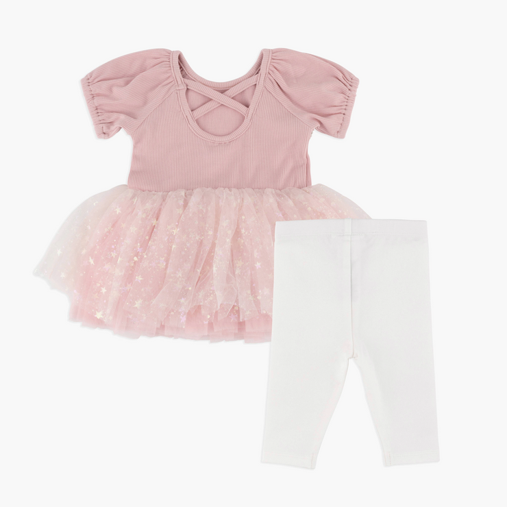 pink baby dress with white pants back view