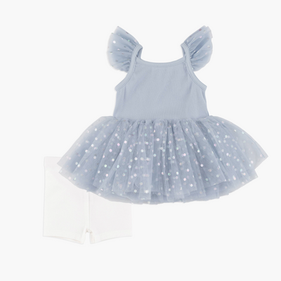 Blue little girls dress and white pants front view