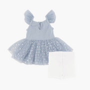 Blue little girls dress and white pants back view