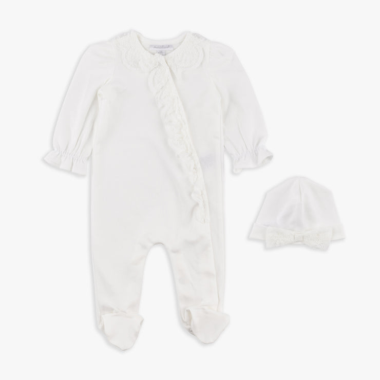 Ivory Lace Footed Coverall & Hat Set