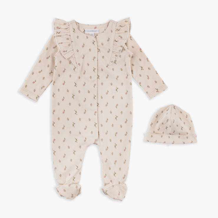 Tan Floral Footed Coverall & Hat Set