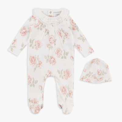 Ivory Floral Footed Coverall & Hat Set