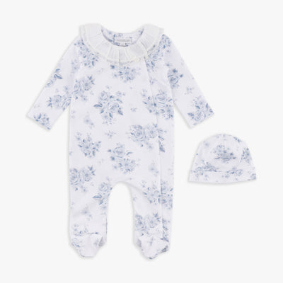 Blue Floral Footed Coverall & Hat Set