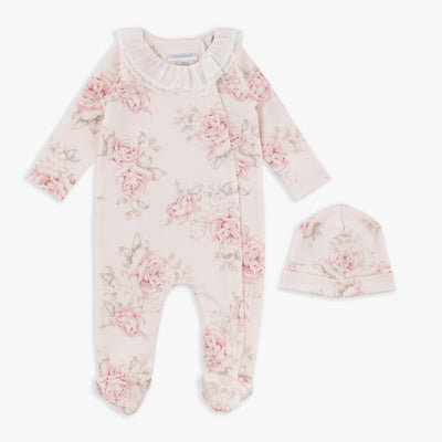 Pink Floral Footed Coverall & Hat Set