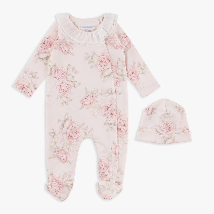 Pink Floral Footed Coverall & Hat Set