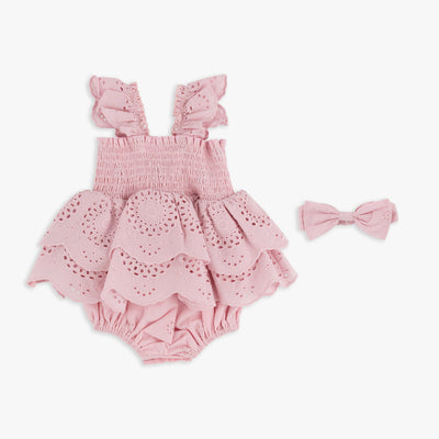 Pink Eyelet Romper & Headwrap Set