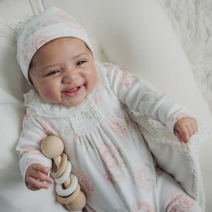 Ivory Floral Footed Coverall & Hat Set