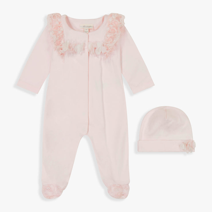 Pink Lace & Rosette Footie & Hat Set