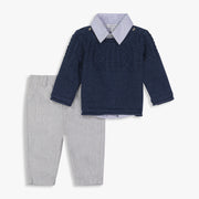 Navy Sweater, Stripe Shirt & Grey Woven Pant Set