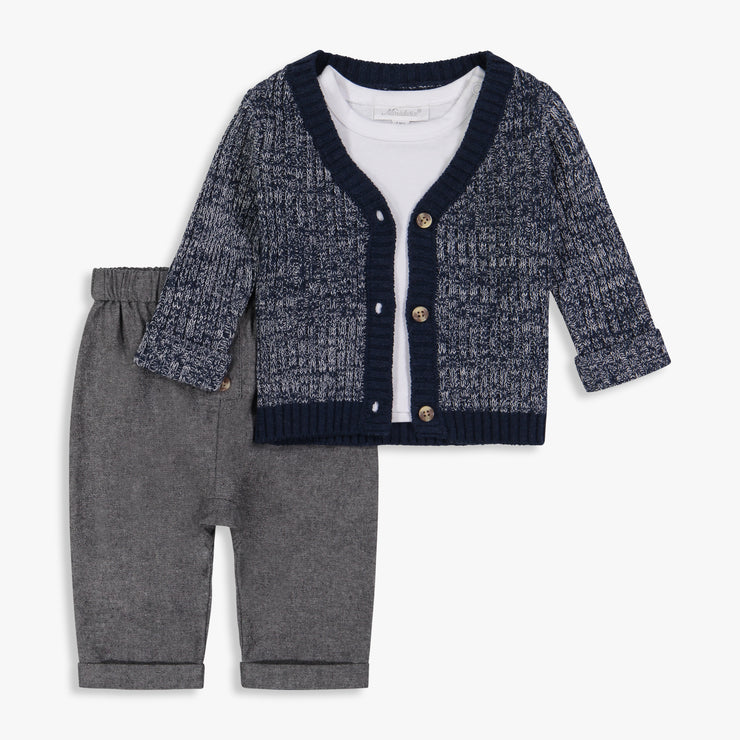 Navy Sweater Cardigan, Tee & Grey  Woven Pant Set