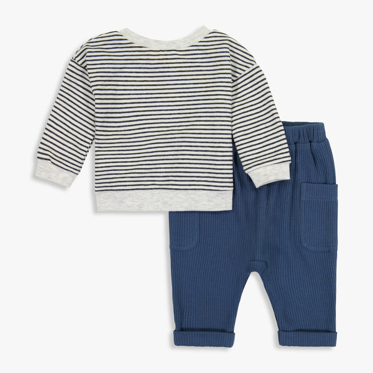 Knit Stripe Long Sleeve Top & Blue Rib Knit Pant