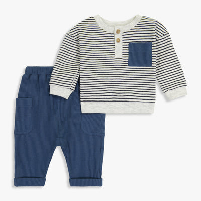 Knit Stripe Long Sleeve Top & Blue Rib Knit Pant