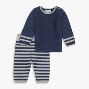 Navy Cable Sweater & Stripe Pant Set